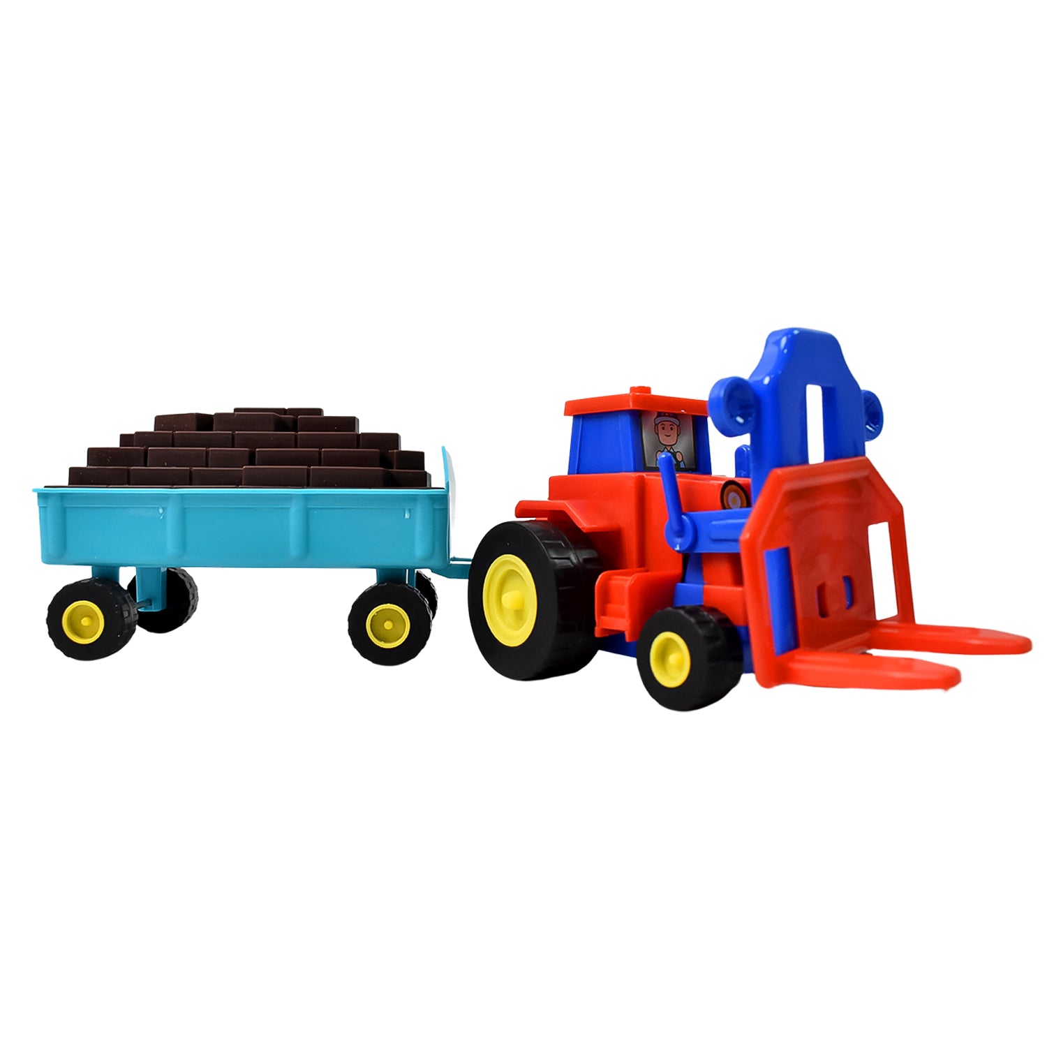 Wukusy plastic friction-powered tractor toy with bricks trolley, featuring colorful plastic construction and detailed tractor design.