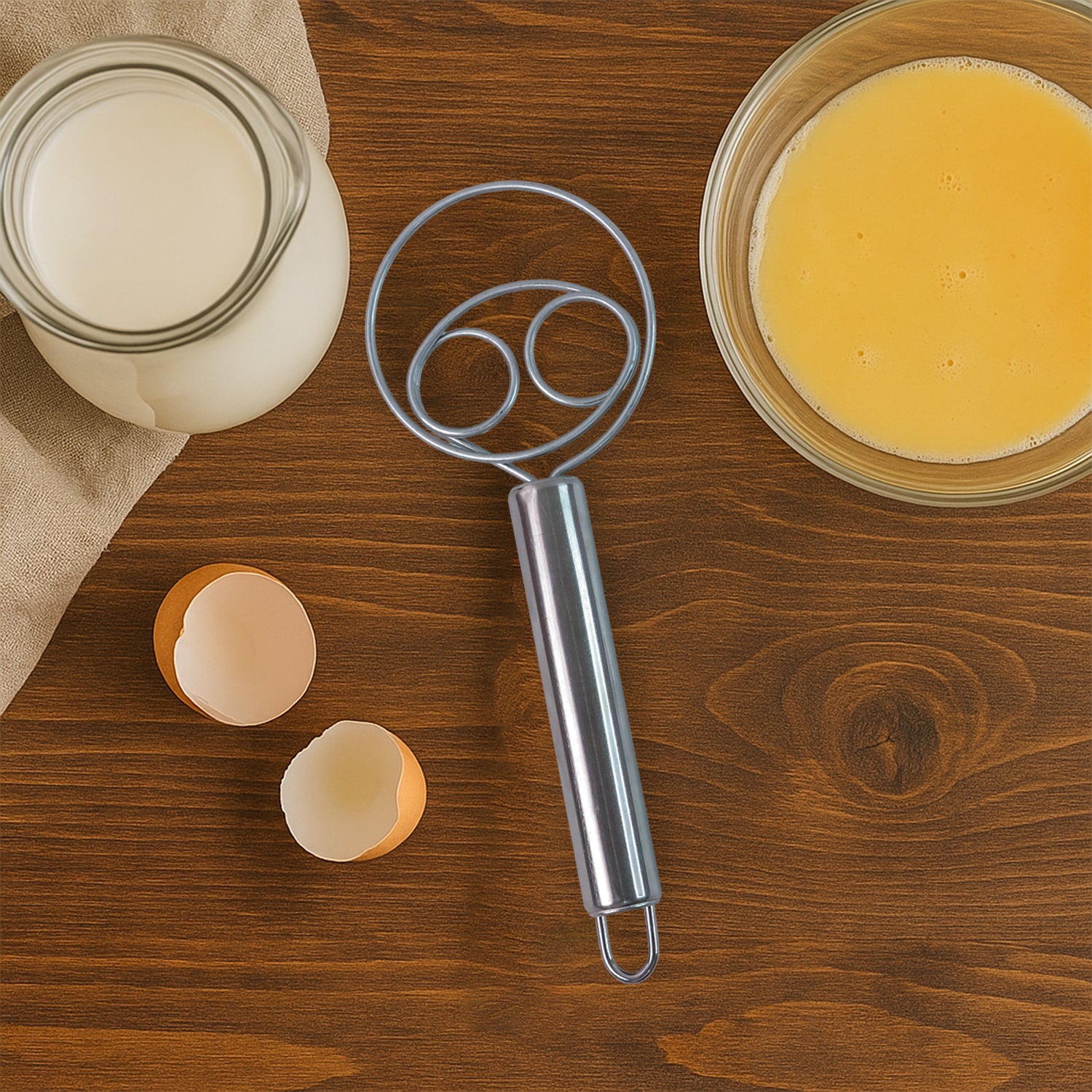 Two stainless steel spiral hand whisks from Wukusy, perfect for mixing and whipping in home and kitchen cooking tasks.