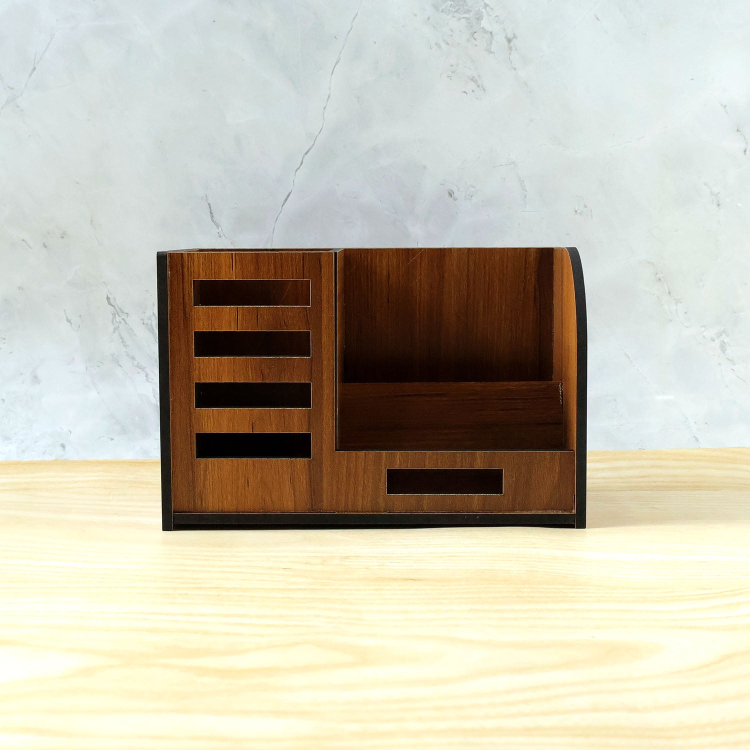 Wukusy wooden desk organizer with phone stand, pen holder, and card holder on a clean office desk surface.