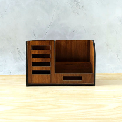 Wukusy wooden desk organizer with phone stand, pen holder, and card holder on a clean office desk surface.