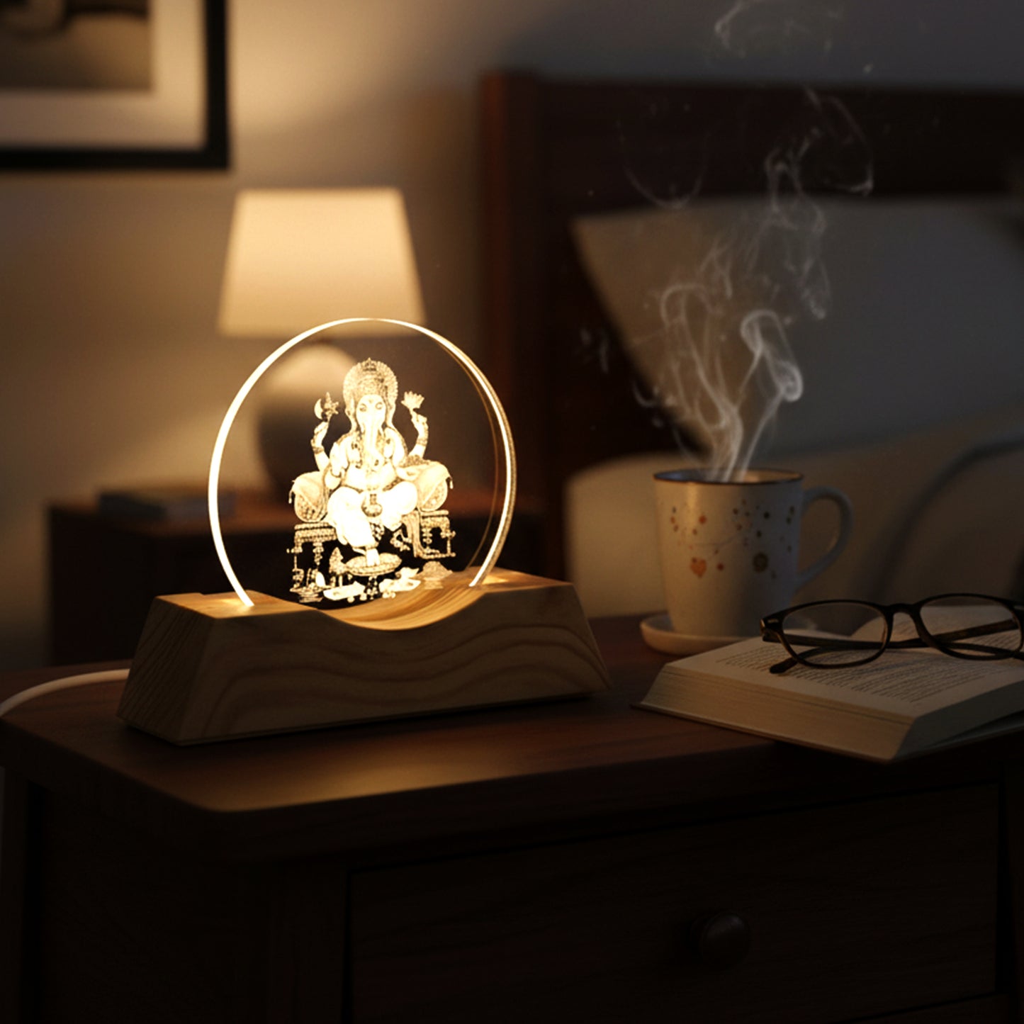 3D Lord Ganesha acrylic LED night lamp by Wukusy, illuminated acrylic figure of Lord Ganesha for decorative lighting.