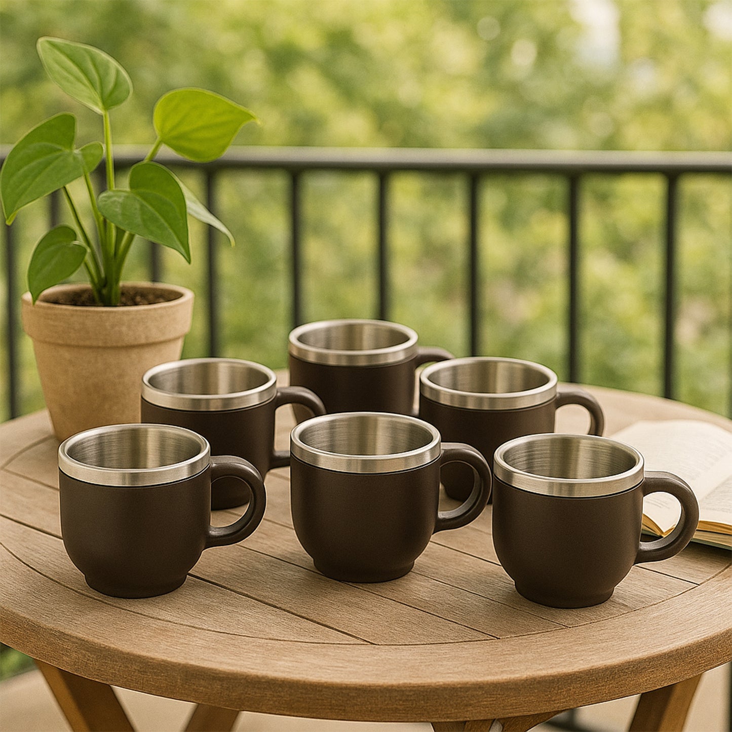 Six Wukusy Apex Premium stainless steel cappuccino mugs with double wall insulation, 100 ml capacity, in a gift set.