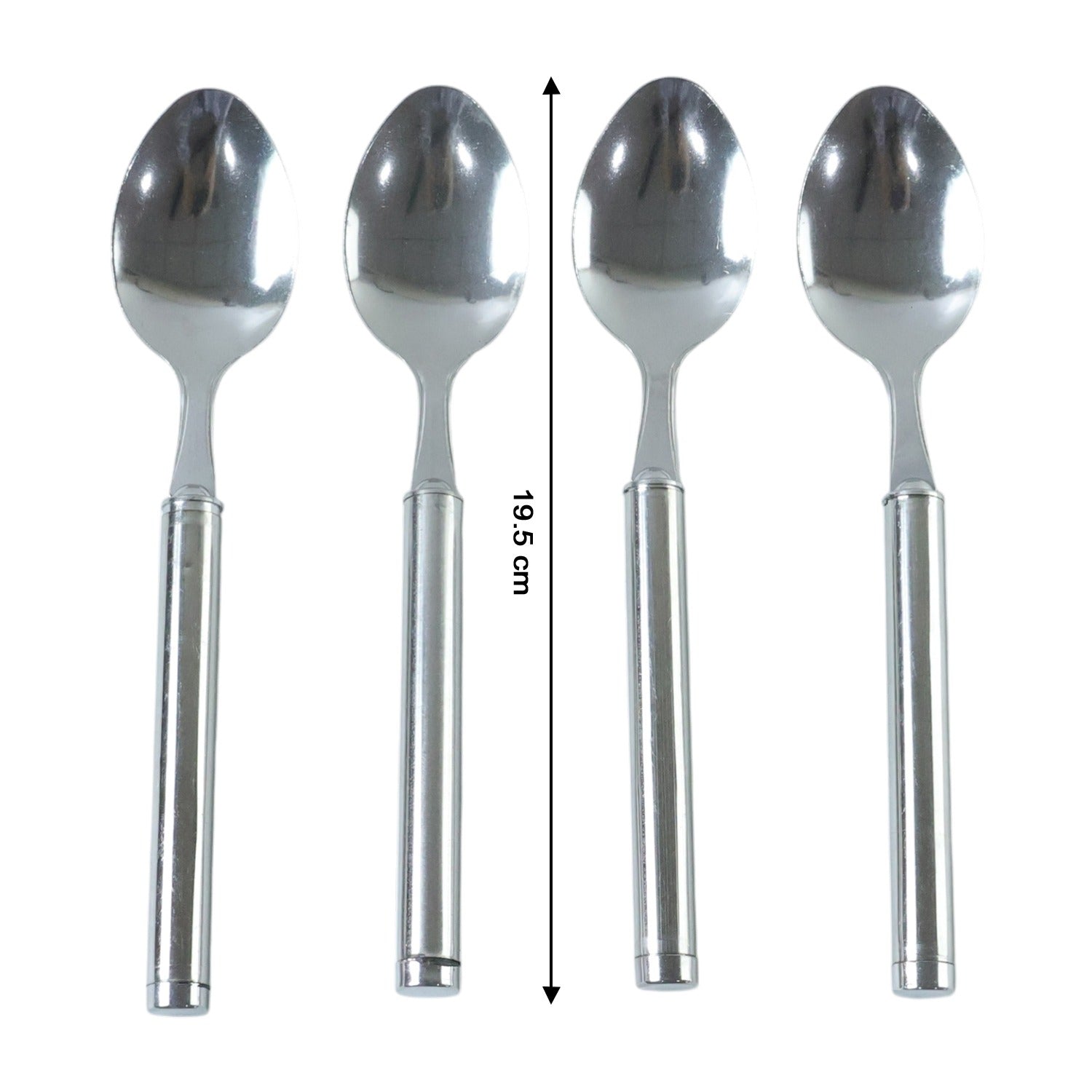 Set of four stainless steel dinner spoons by Wukusy, shiny and polished, arranged on a neutral background.