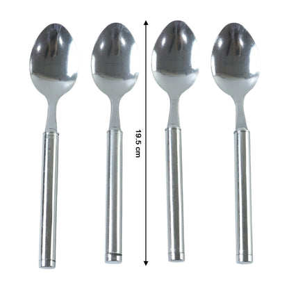 Set of four stainless steel dinner spoons by Wukusy, shiny and polished, arranged on a neutral background.