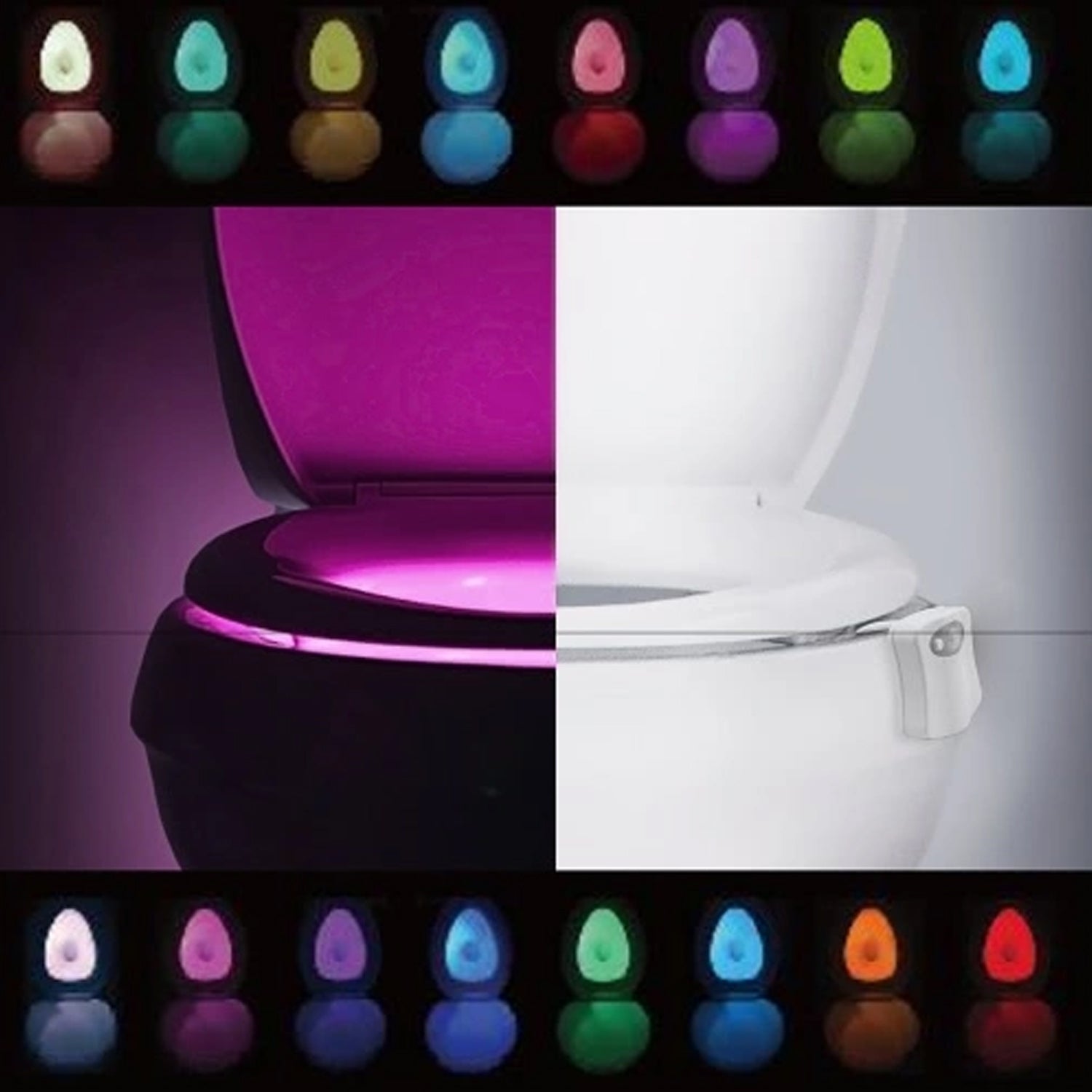 Wukusy LED toilet bowl light installed on a modern toilet cover, illuminating the bowl with soft glow, battery not included.