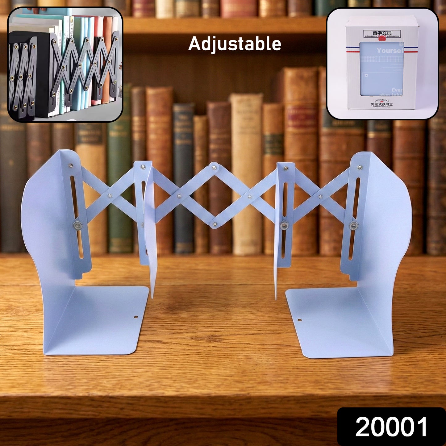 Wukusy adjustable expandable book organizer stand with multiple compartments for easy book and document storage.