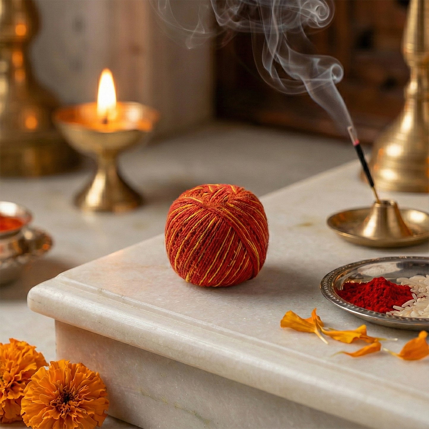 Sacred cotton thread Pooja Kalawa Moli from Wukusy, displayed in a close-up shot on a clean background.