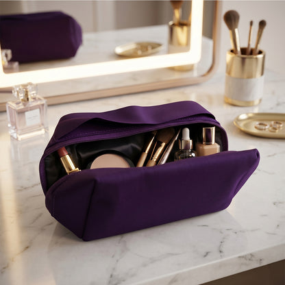 Wukusy multipurpose travel makeup organizer storage bag with multiple compartments for cosmetics and toiletries.