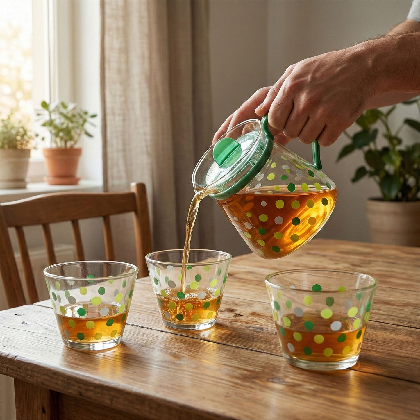 Elegant glass tea pot with matching cups set by Wukusy, showcasing a clear glass design and coordinated tea serving accessories.