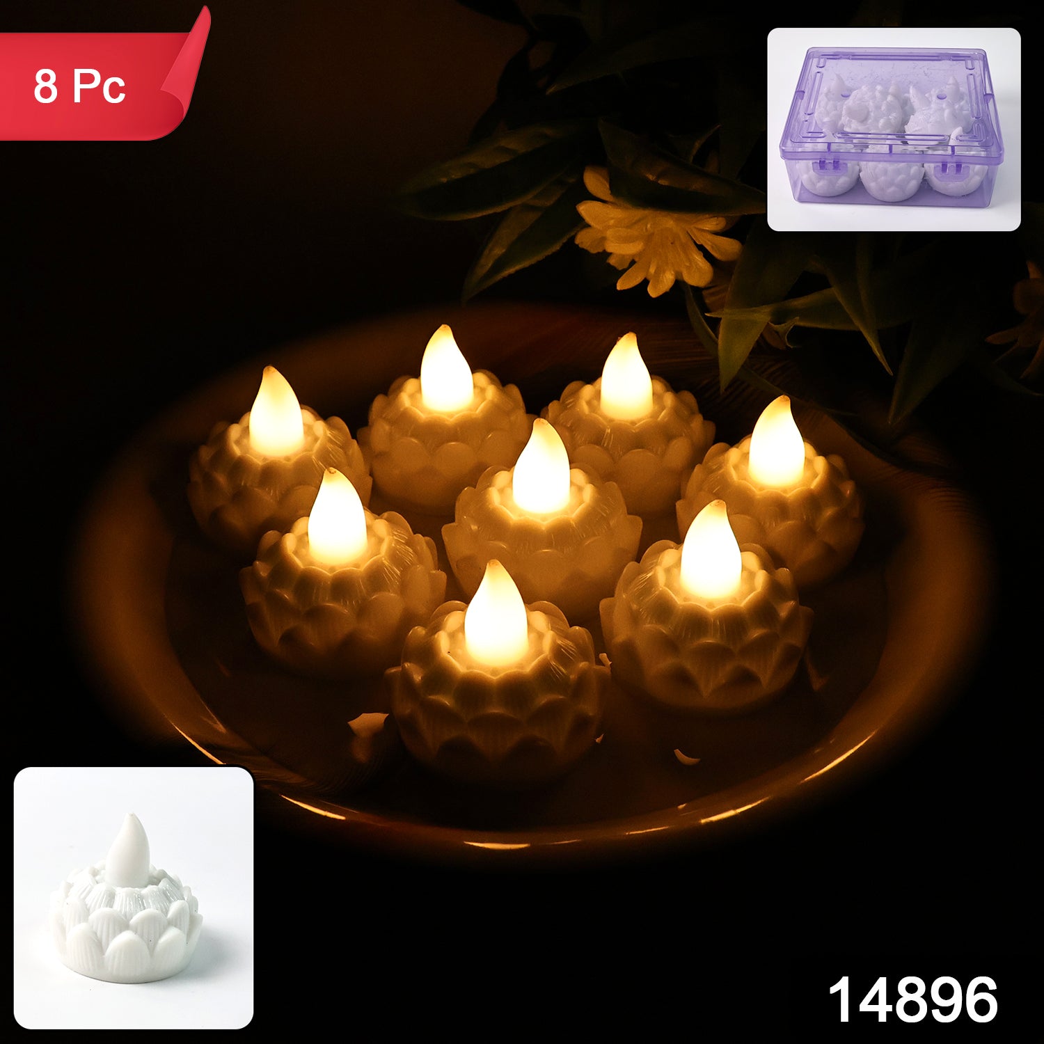 Set of 8 Wukusy lotus-shaped LED flameless tealight candles for home decor, featuring warm, flickering light and elegant floral design.