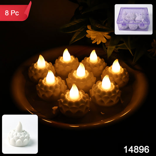 Set of 8 Wukusy lotus-shaped LED flameless tealight candles for home decor, featuring warm, flickering light and elegant floral design.