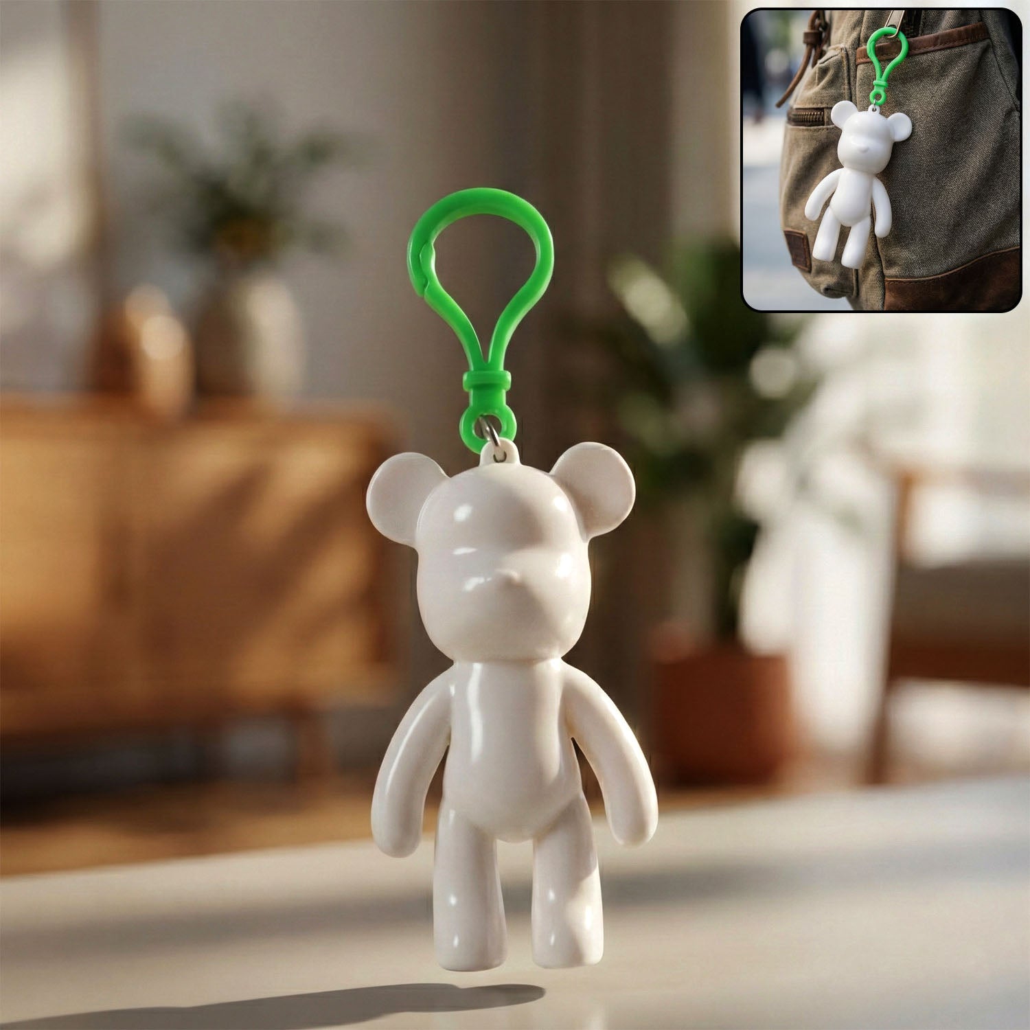 Cute bear-shaped decorative keychain by Wukusy with a smiling bear face and colorful details, ideal for keys or bags.