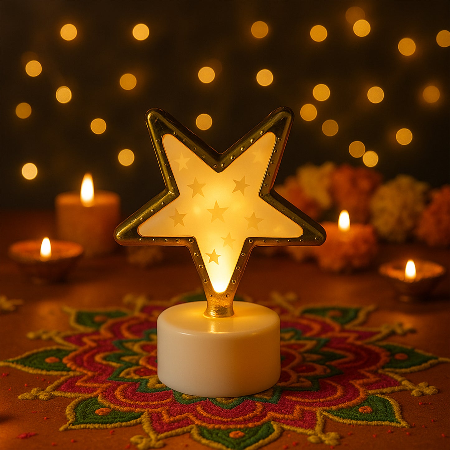 Set of four Wukusy star-shaped flameless LED candles for home decor, with warm glow and decorative star design.