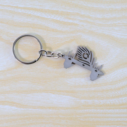 Wukusy Krishna flute metal keychain with peacock feather design, featuring intricate craftsmanship and vibrant details.
