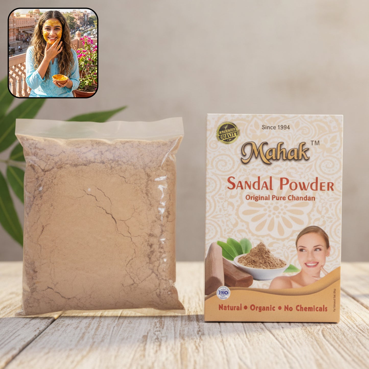 Wukusy natural sandal powder in a 50g container, traditional skincare product with a fine, light-colored powder visible in the image.