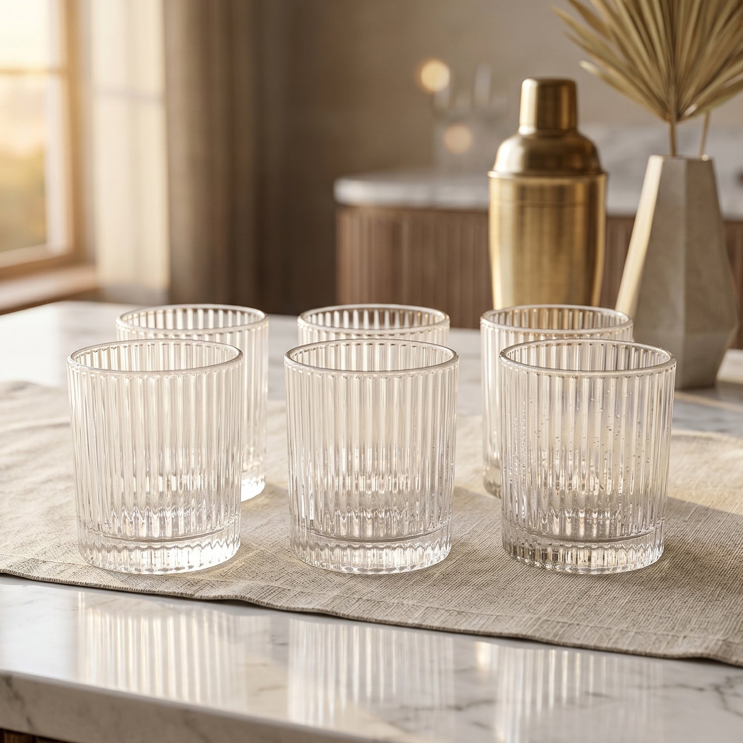 Set of six Wukusy premium crystal glass tumblers, 250 ml each, clear and elegant for beverages and drinking occasions.