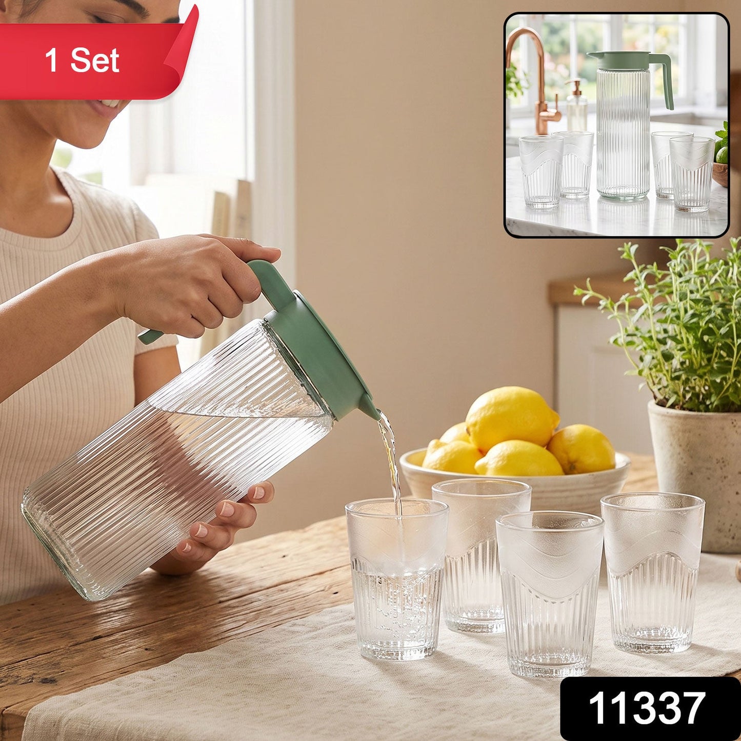 Wukusy glass water jug with lid and four matching ribbed glasses set for serving drinks stylishly and conveniently.
