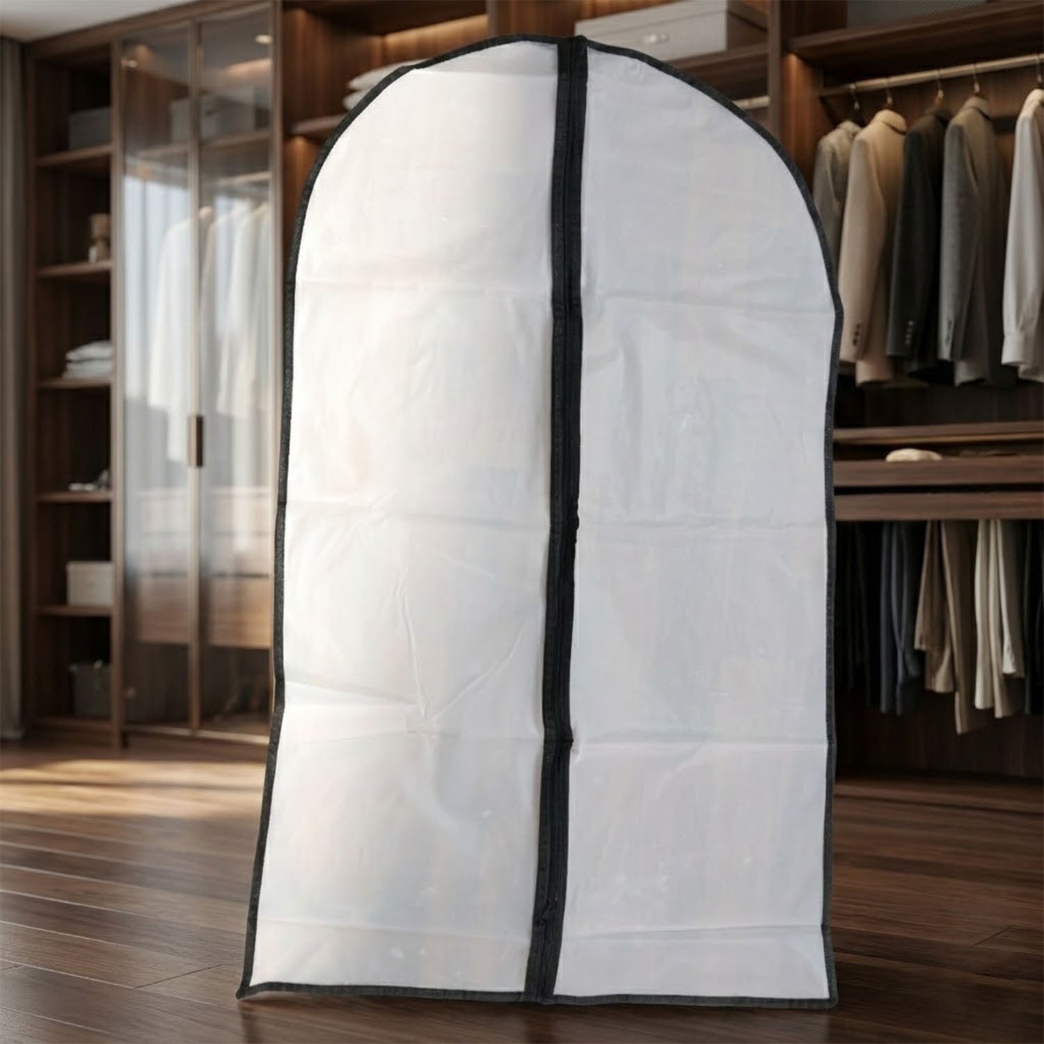 Clear Wukusy garment cover with front zipper, 100x60 cm, shown hanging with clothing inside for protection and storage.