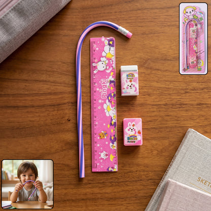 Pink Wukusy 4-in-1 stationery set with ruler, pencil, eraser, and sharpener, arranged on a white background.