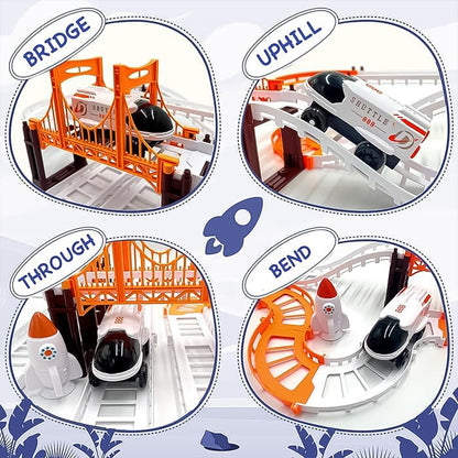 Wukusy Outer Space Race Track Set for kids toys featuring colorful space-themed race cars and a galaxy-inspired track layout.