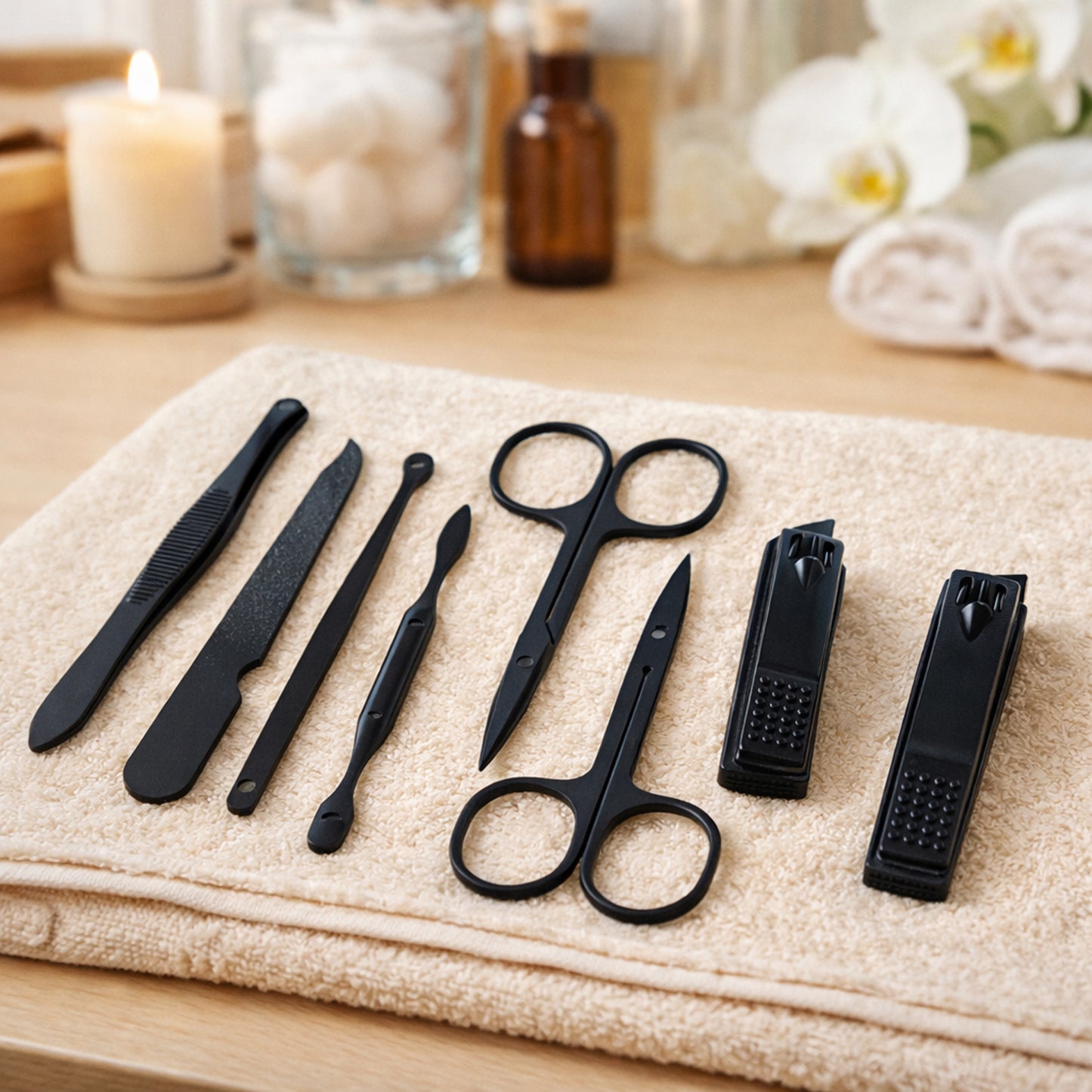 Wukusy 7-in-1 manicure pedicure grooming kit with mixed design tools for nail care and grooming in a compact set