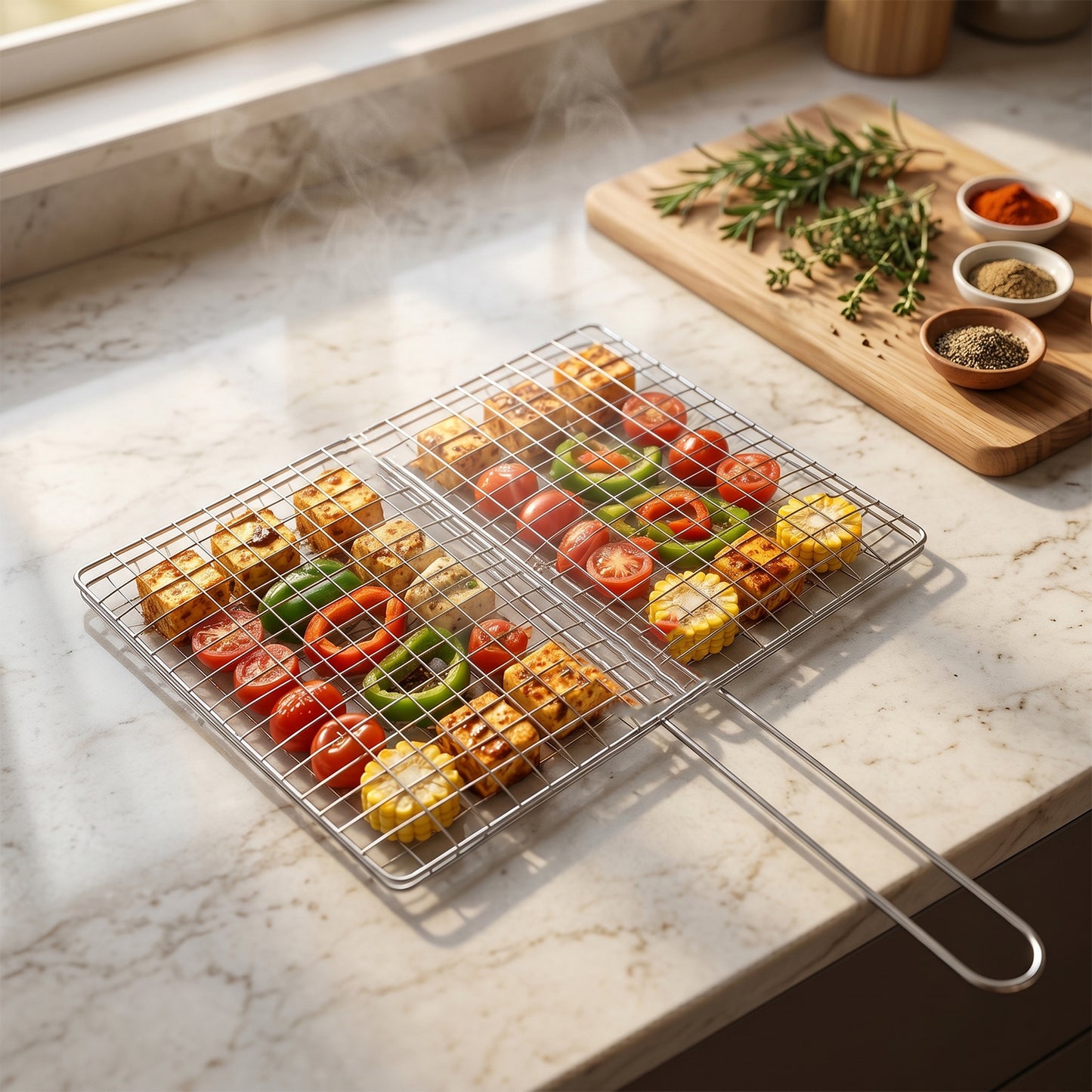 Foldable stainless steel BBQ grill wire mesh with handle by Wukusy, perfect for outdoor grilling and easy to clean.