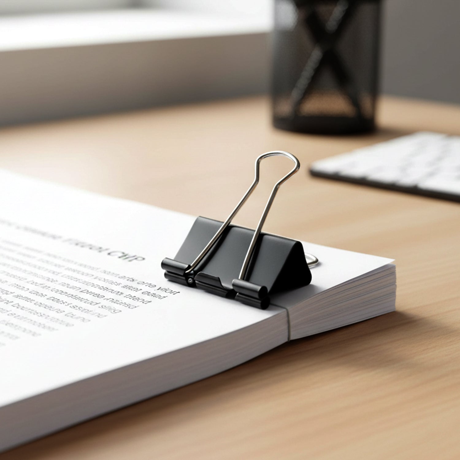 Set of 40 black heavy-duty binder clips, 19 mm size, from Wukusy, shown with clips open and closed for organizing papers.