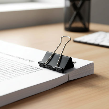 Set of 40 black heavy-duty binder clips, 19 mm size, from Wukusy, shown with clips open and closed for organizing papers.