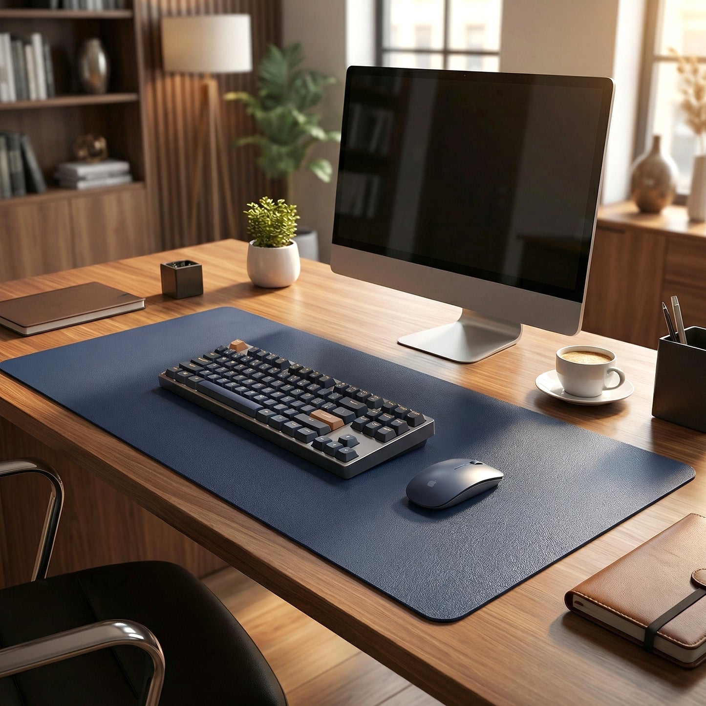 Wukusy premium leather finish large desk mat and mouse pad, 90x45 cm, with smooth surface and elegant craftsmanship.