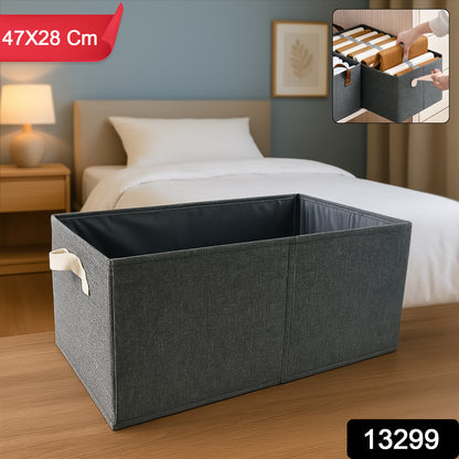 Wukusy foldable cloth storage box with handles, shown empty and folded for easy storage, measuring 47.28 cm in size.