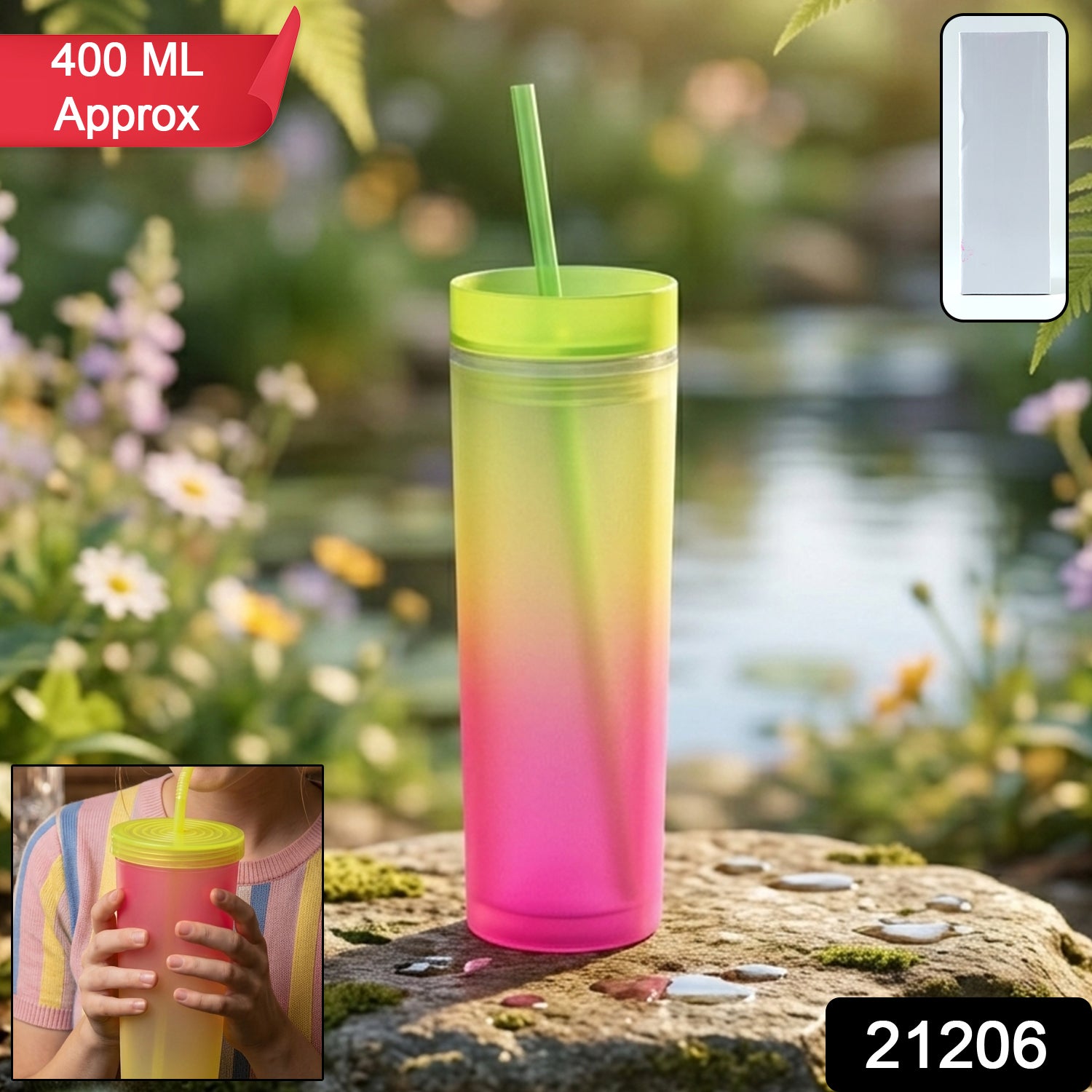 Wukusy gradient plastic drinking tumbler cup with lid and straw, 400 ml, featuring a colorful design and secure lid.