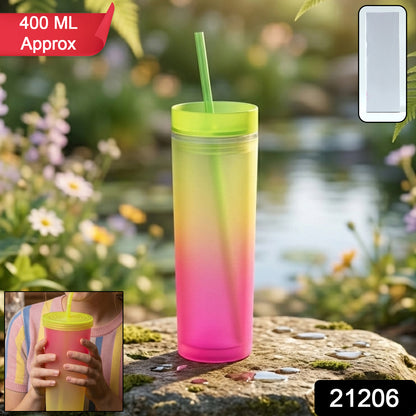 Wukusy gradient plastic drinking tumbler cup with lid and straw, 400 ml, featuring a colorful design and secure lid.