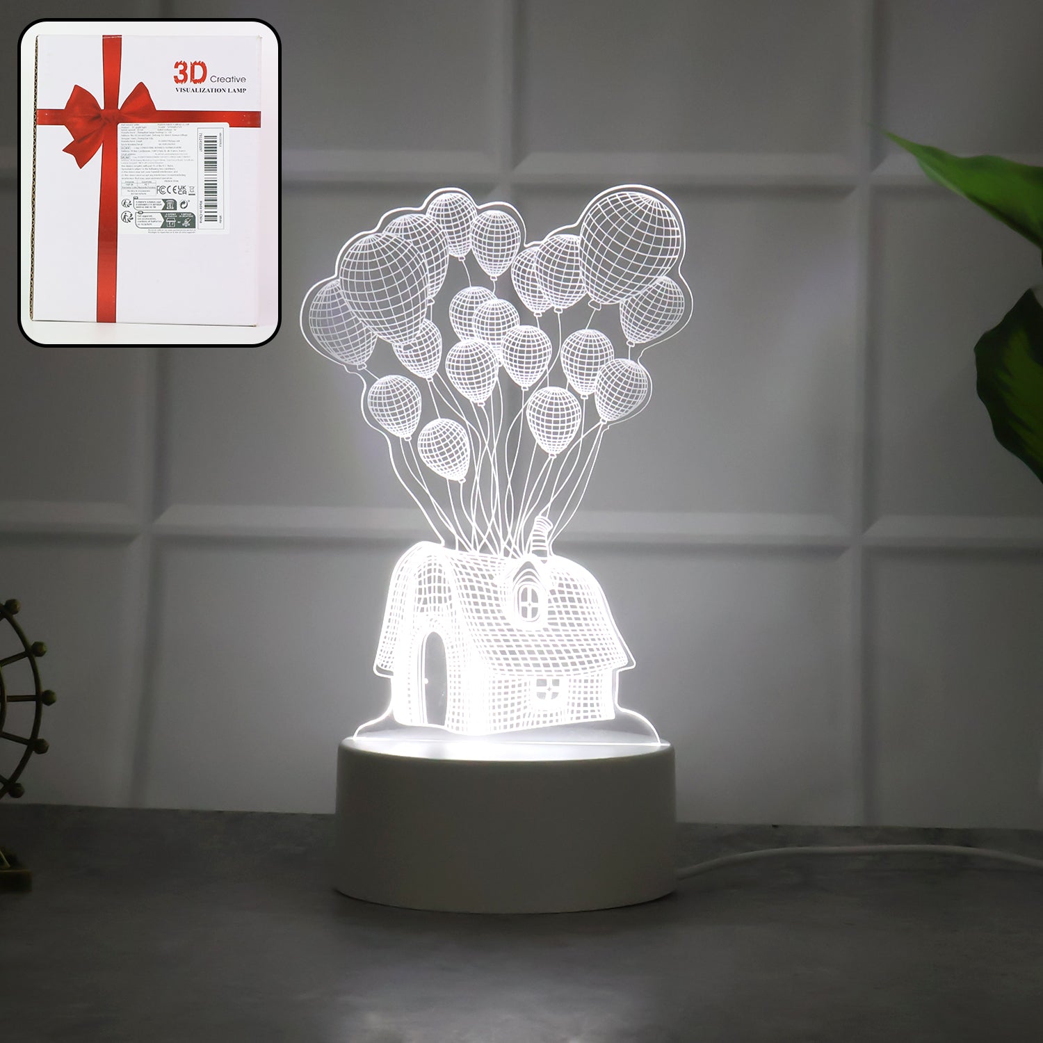 Wukusy 3D illusion LED night lamp featuring a house and balloons design, ideal for home decor lighting and ambiance.