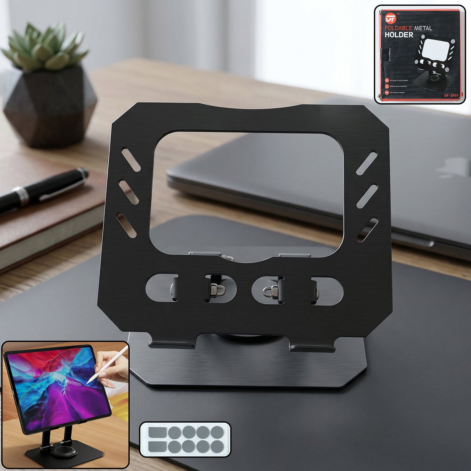 Foldable adjustable metal laptop stand by Wukusy showing a sleek silver design with adjustable height settings for ergonomic use.