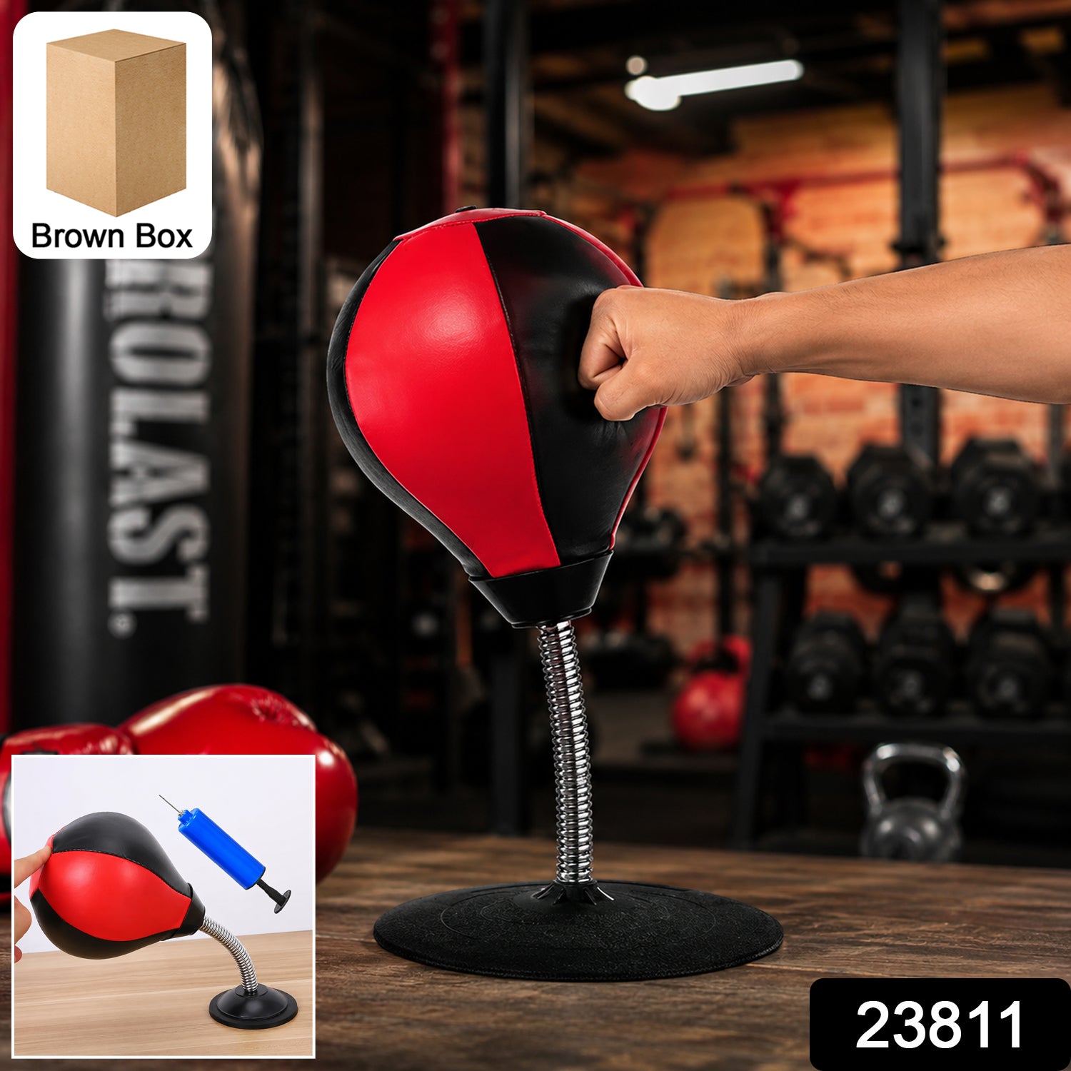 Wukusy inflatable desktop punching bag with air pump, compact design, colorful, ready for punching practice on a desk.