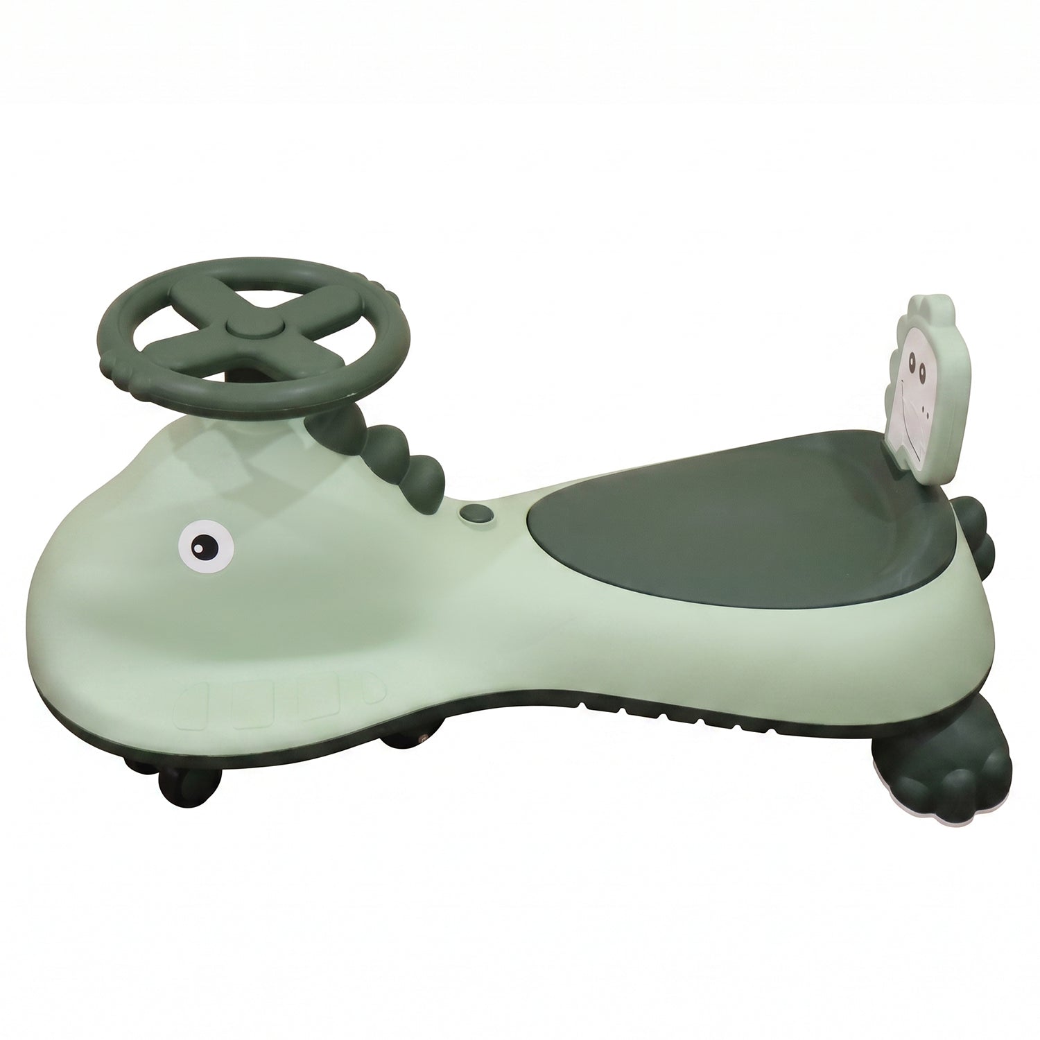 Kids dinosaur swing car ride-on toy by Wukusy with music and steering wheel, featuring colorful dinosaur design for active play.