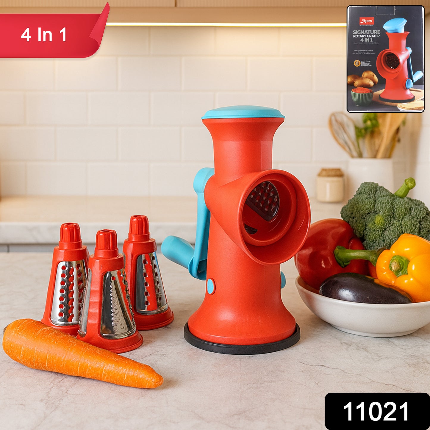 Wukusy Apex 4-in-1 Signature Rotary Grater with interchangeable blades for cheese, vegetables, and spices in a kitchen setting.