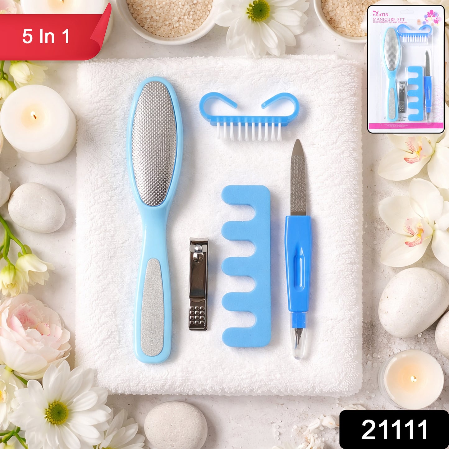 Wukusy 5-in-1 manicure pedicure nail care kit with various tools for grooming and nail maintenance, displayed in a compact set.
