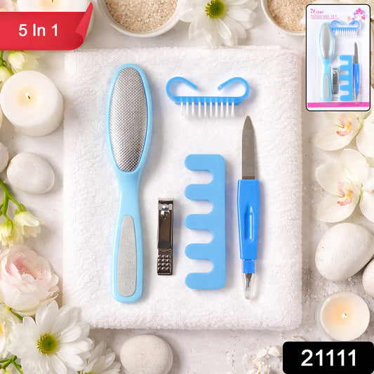 Wukusy 5-in-1 manicure pedicure nail care kit with various tools for grooming and nail maintenance, displayed in a compact set.