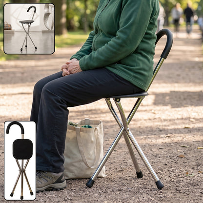 Wukusy folding walking stick with seat, 3-leg cane stool chair support, portable and lightweight for mobility assistance