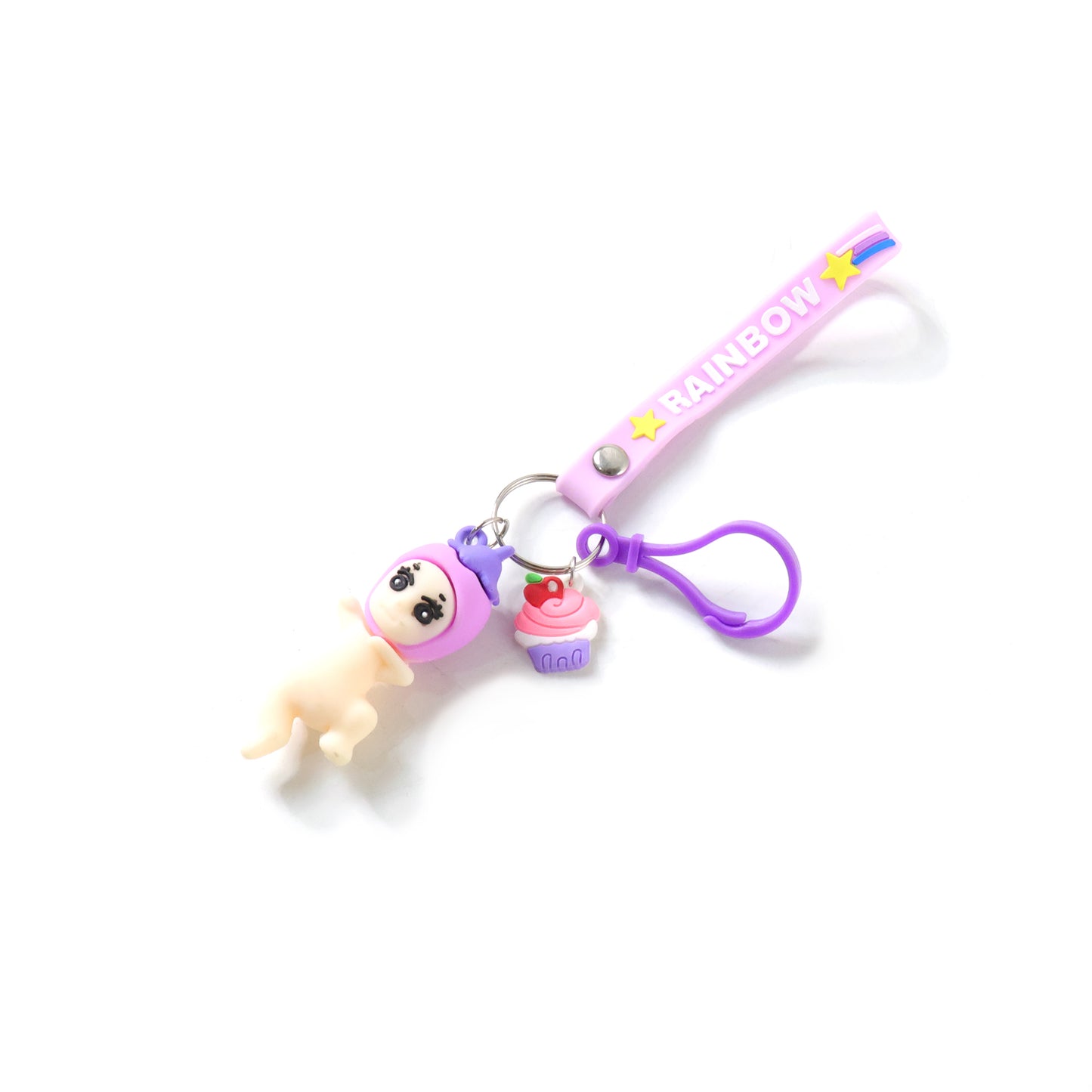 Cute doll cupcake keychain from Wukusy with rainbow strap, featuring a charming cupcake and doll design.