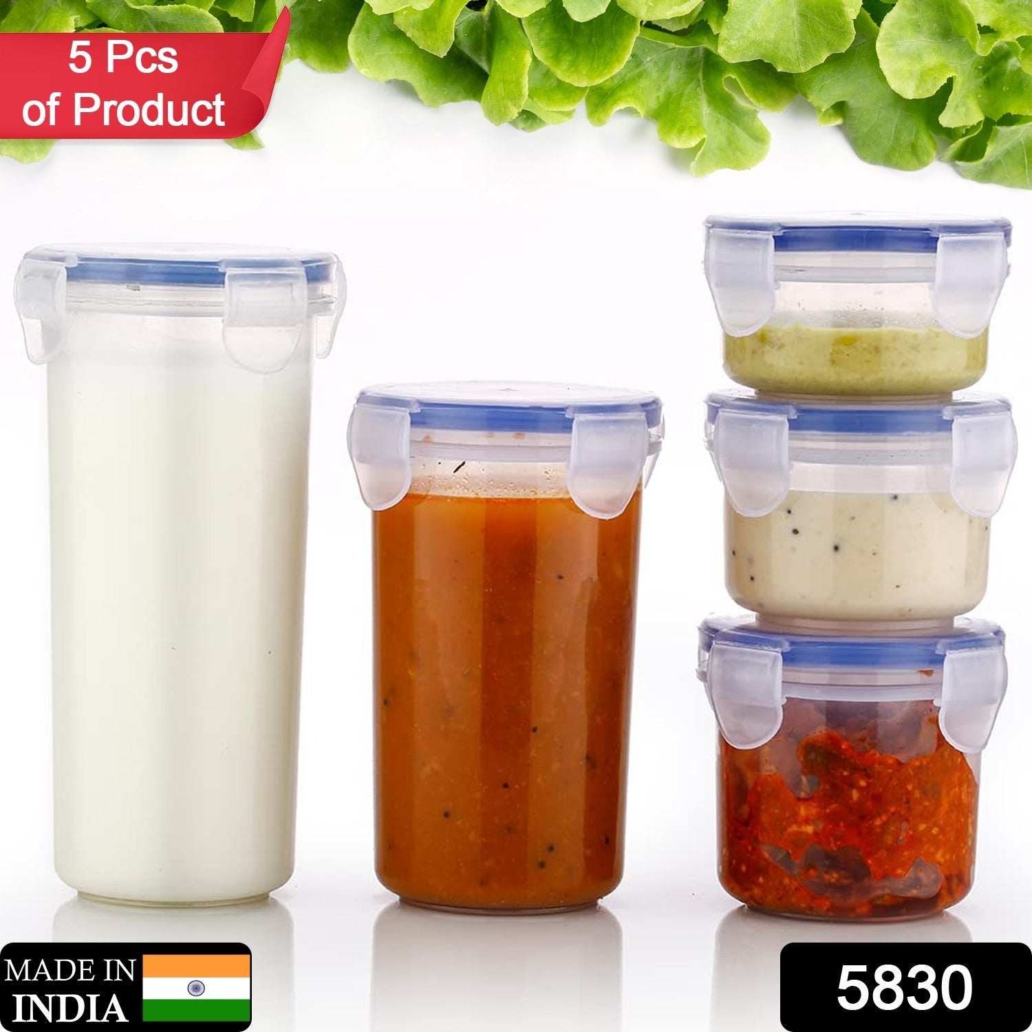 Set of five transparent Wukusy plastic food storage containers with airtight, leak-proof lids in various sizes for kitchen organization.