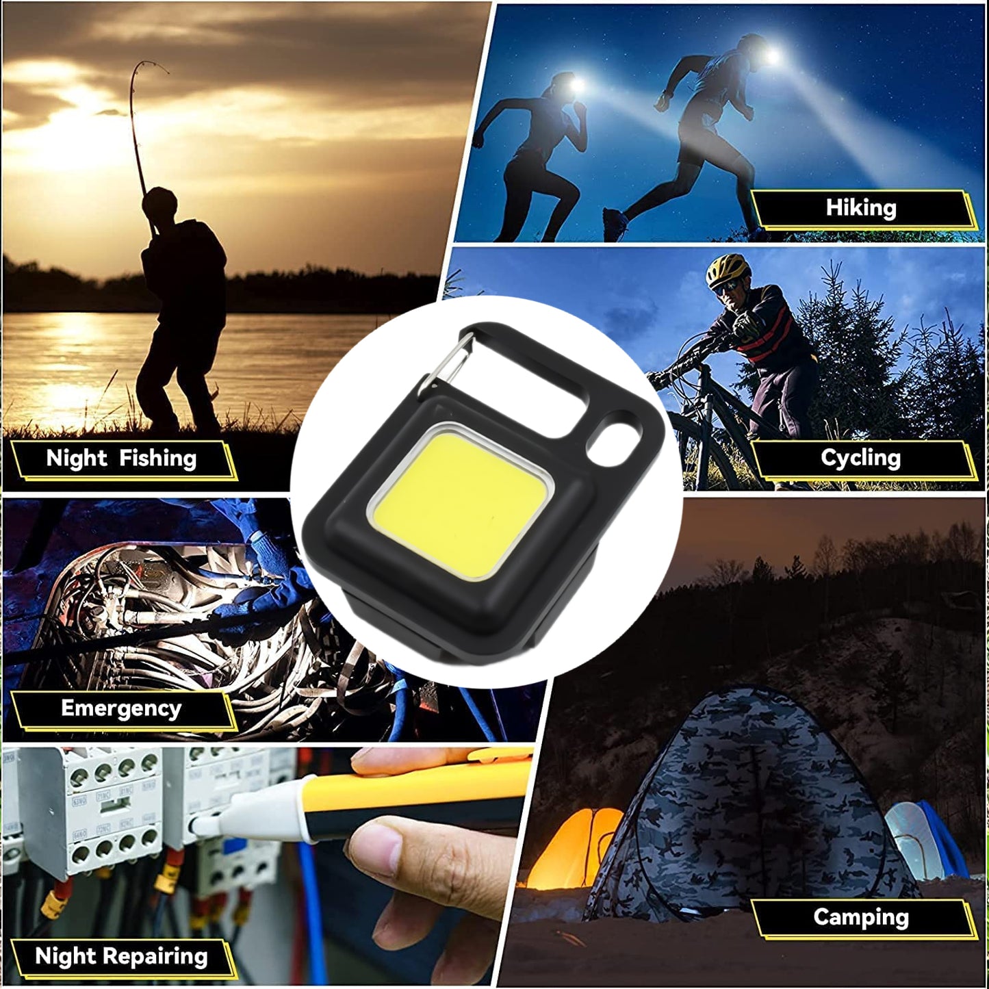Wukusy LED battery-operated keychain flashlight with folding bracket and bottle opener, ideal for camping, hiking, and emergencies.
