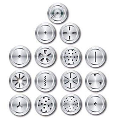 Wukusy 15-in-1 stainless steel kitchen press with multiple attachments for versatile food preparation, displayed with various parts.
