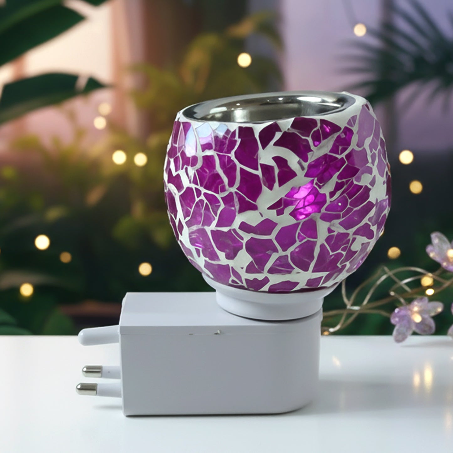 Wukusy premium plug-in mosaic glass aroma diffuser night lamp with colorful mosaic design and ambient lighting.
