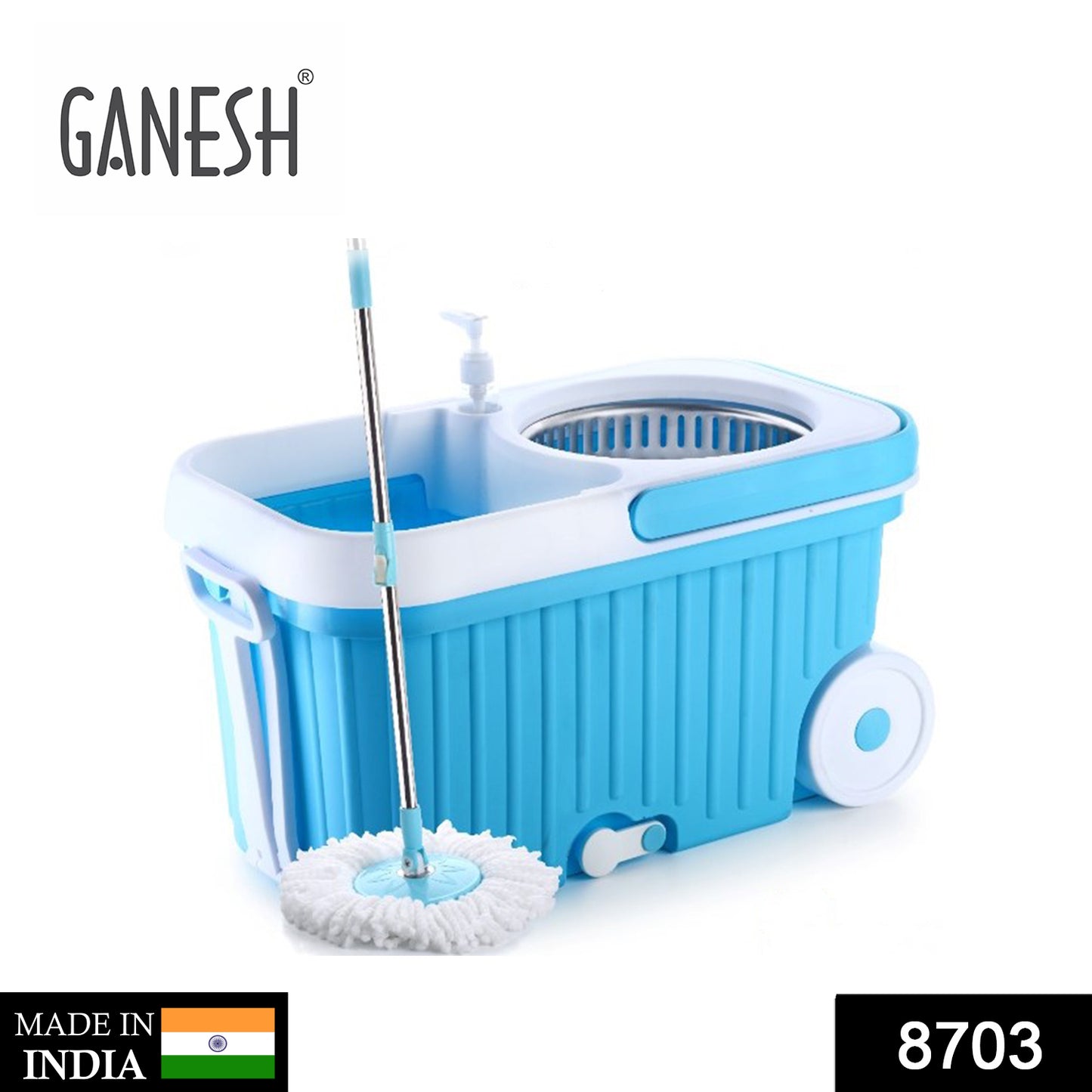 Wukusy 8703 Spin Mop with large wheels and auto fold plastic handle for 360-degree cleaning, shown in use on a tiled floor.