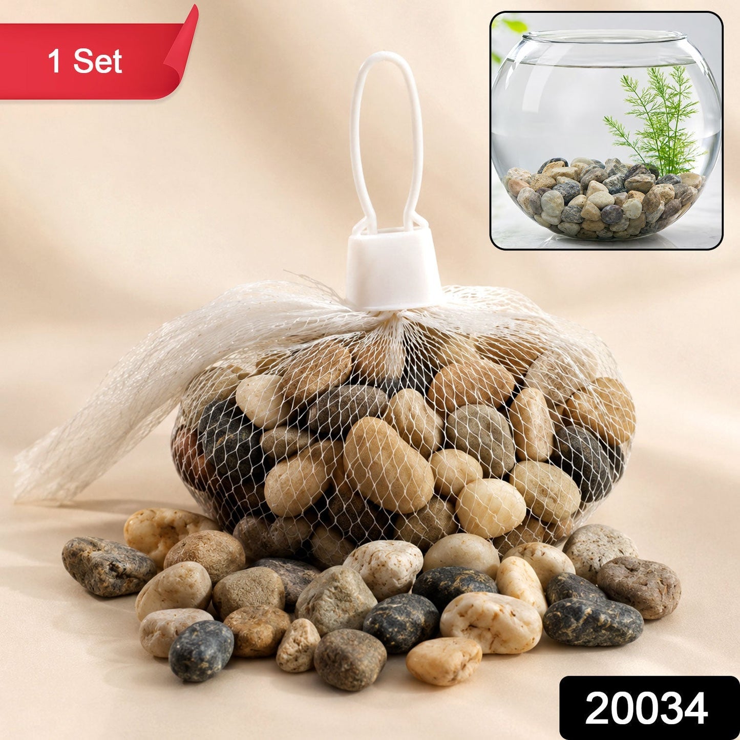 Set of natural river pebbles stones from Wukusy, ideal for aquariums, vases, planters, and garden decor arrangements.