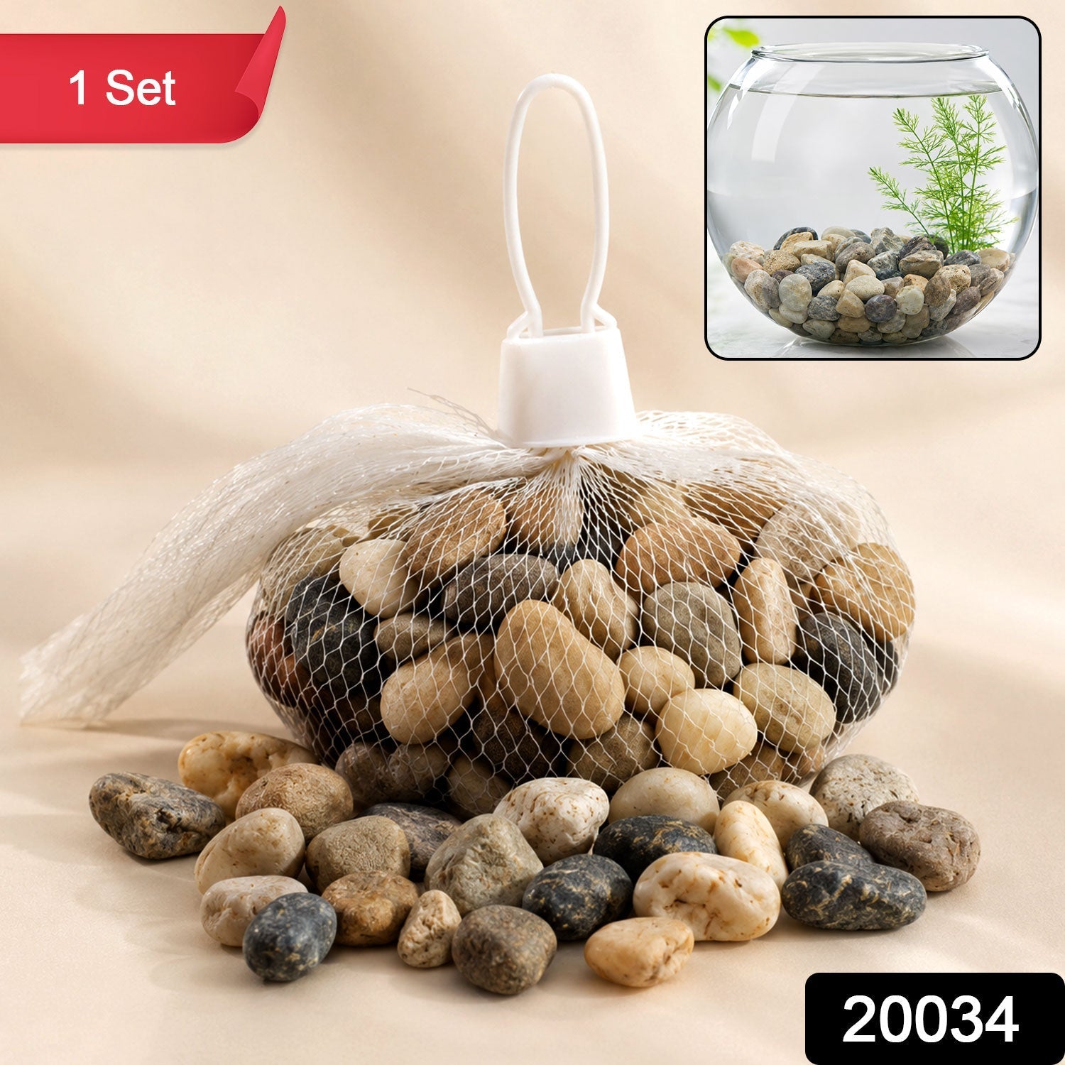 Set of natural river pebbles stones from Wukusy, ideal for aquariums, vases, planters, and garden decor arrangements.