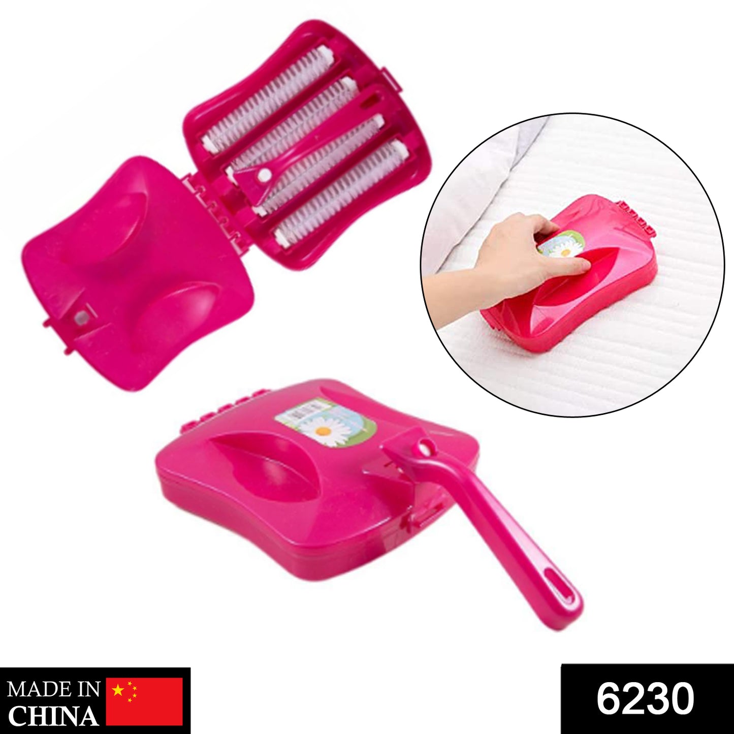 Wukusy 6230 plastic handheld carpet roller brush with dust crumb collector for wet and dry cleaning, shown in use.