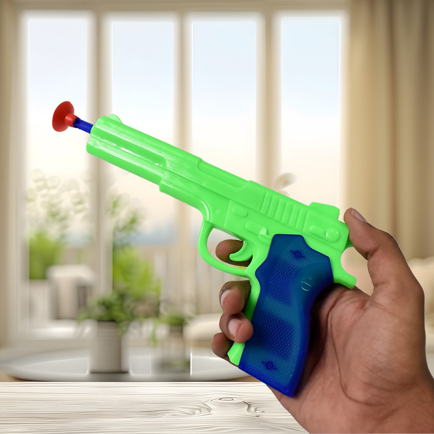 Wukusy medium plastic toy gun with five soft suction dart bullets, designed for safe outdoor play and active fun.